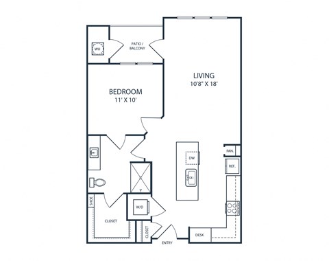 Floor plan for 1 bed, 1 bath, 702 sqft